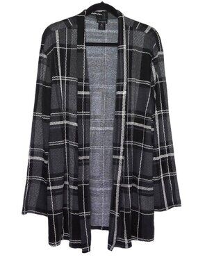 NWT En Focus Studio Plaid Cardigan Open Draped Gray Black & White Knit Plus 2X